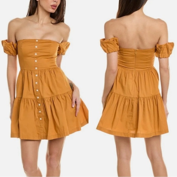 Staud Elio Mini Dress Women’s Size 12 Off Shoulder Coquette Cotton Honey‎ Yellow - Picture 1 of 12